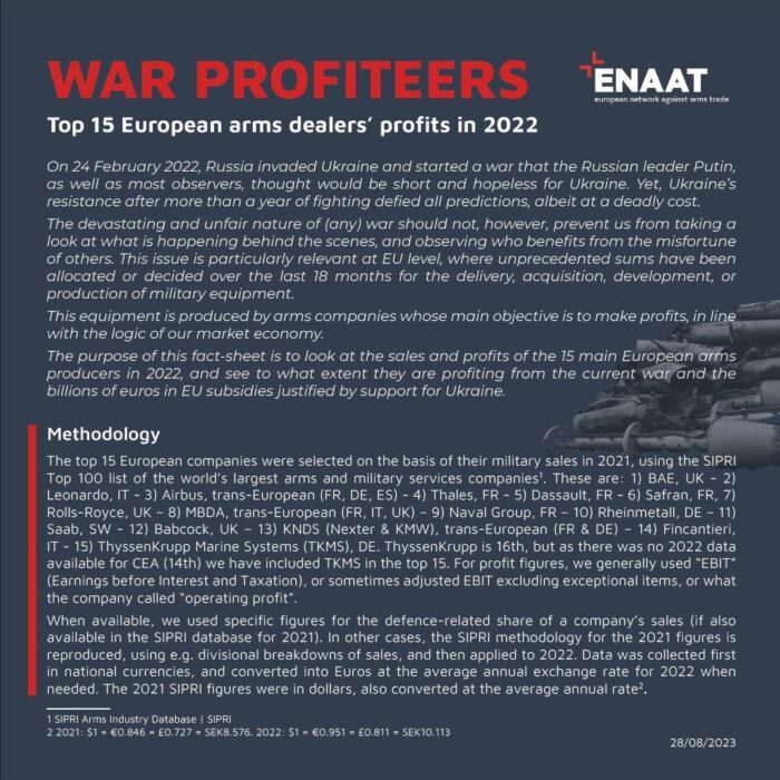 «Los especuladores de la guerra: los beneficios de los 15 principales exportadores de armas europeos en 2022»