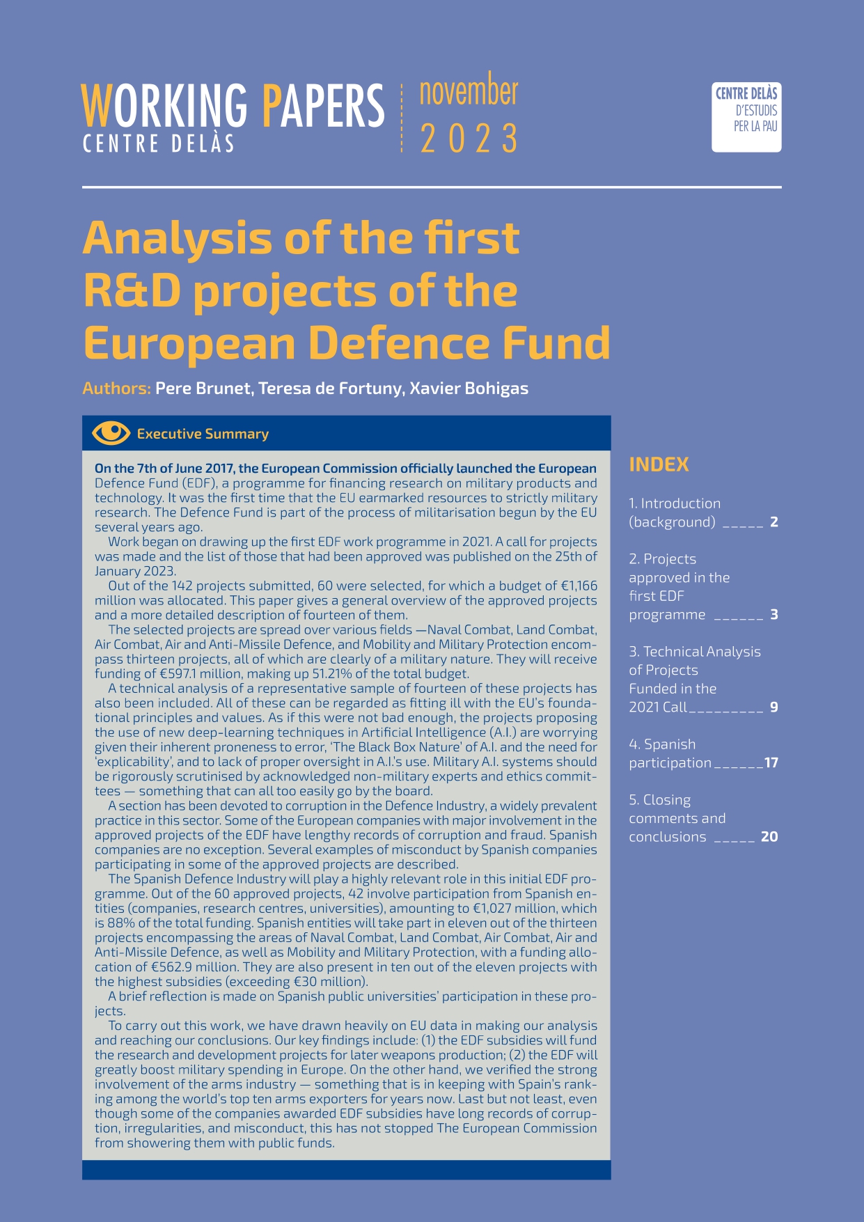 Working Paper “Analysis of the first R&D projects of the European Defence Fund”